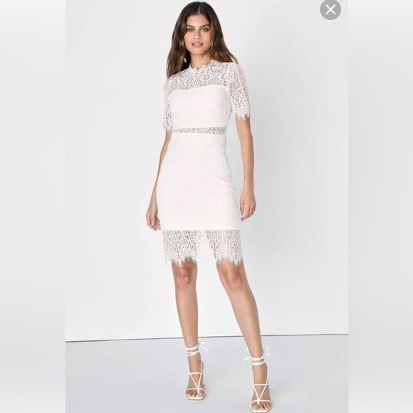 lulus remarkable white lace dress White Sheer Lace Short Sleeve Mini Dress | Womens | Medium (Available in L) | 100% Polyester